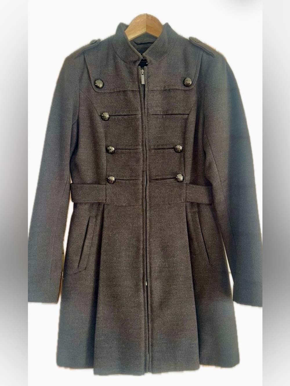 Womens Military-Style Wool-Blend A-Line Coat - Dark Charcoal